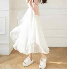 Jupe Longue Blanche En Satin Doux Plissée Longuette Taille Haute Vintage 36718