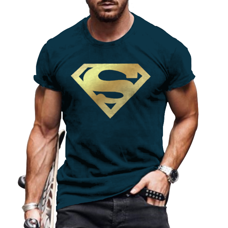 Mens T Shirt Fashion Superman Gold Navy Blue Short Sleeve