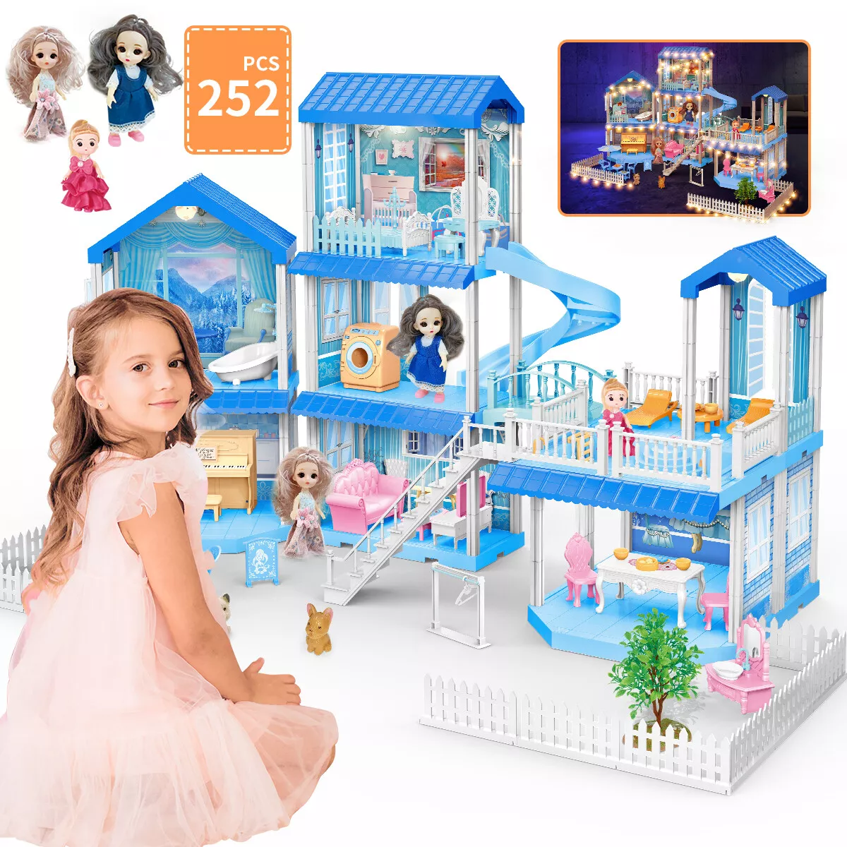 7 Rooms Huge Doll house Barbie Doll house With Realistic Lights Gifts For  Girls