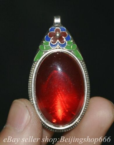 1.8" Rare Old Chinese Silver Inlay Red Gem Dynasty Palace Flower Amulet Pendant