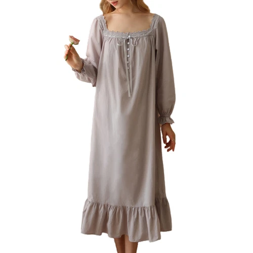 Women's Cotton Nightgown Princess Square Neck Long Sleeve Sleep Dress - Picture 23 of 53