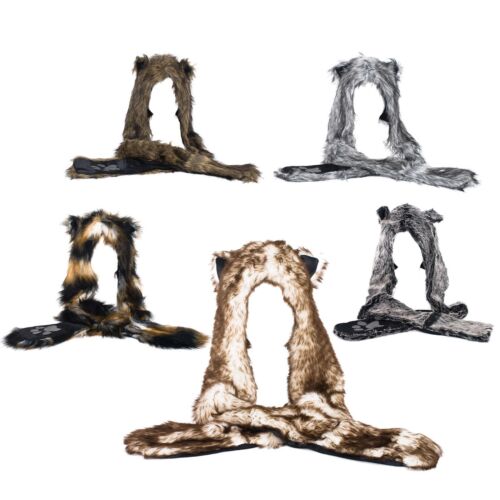 Faux Fur WoUnisex Animal 3 in 1 Hat Scarf Glove Snood Mitten Set - Picture 1 of 6