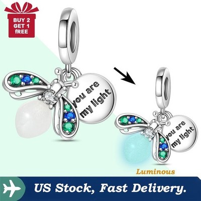 KUNSIR Sterling Silver Charm For Bracelet DIY, Glow-in-the-Dark Firefly Pendant 
