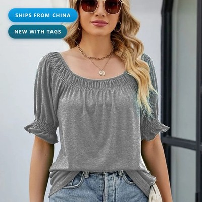 Women's Square Neck Flounce Sleeve Top Solid Rayon Stretch Casual Blouse