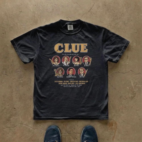Suspects & Weapons Graphic T-Shirt, Clue 1985 Vintage Board Game Retro Tee - product listing photo