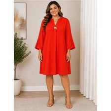 Chelsea & Theodore XL Orange Red Shift Dress Ruched Sleeve Gold Accent Office
