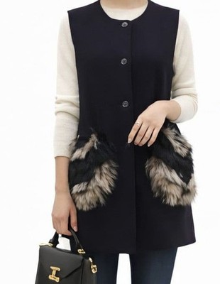 USED FENDI 36 NAVY FF8572 FOX FUR WOOL VEST (2018 MODEL) GOOD