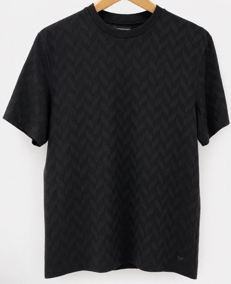 Emporio Armani Men’s Black Crew Neck T-Shirt Jacquard Textured Designer Luxury
