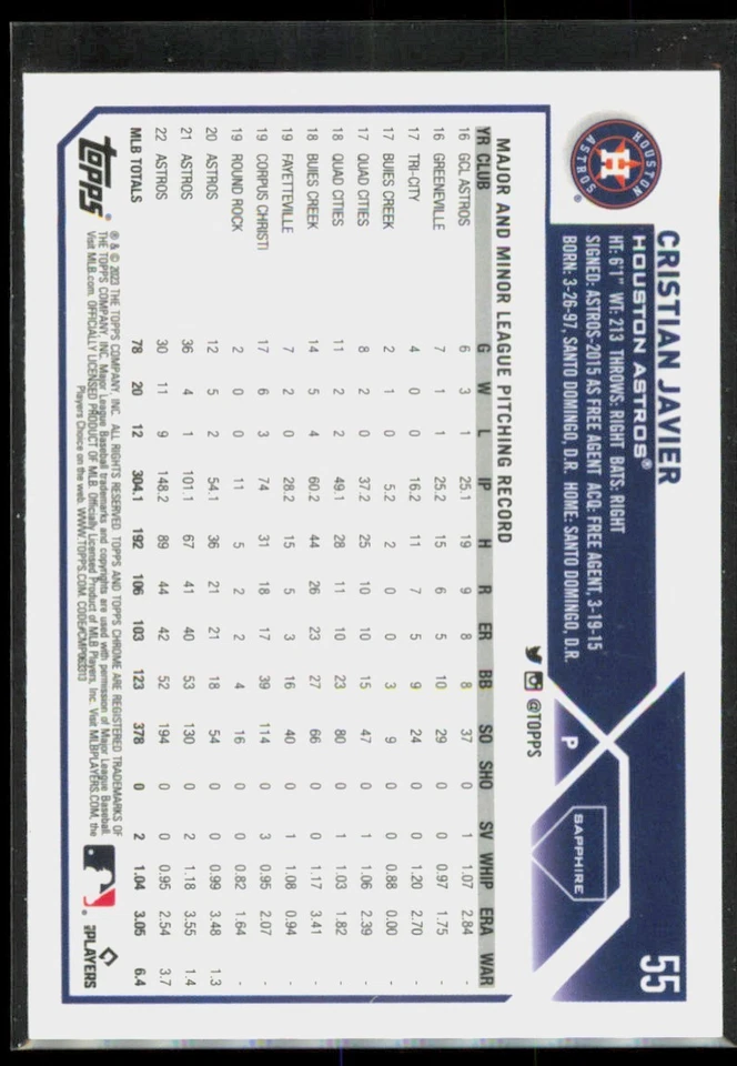 2021 Topps Chrome Sapphire Cristian Javier Houston Astros #55 - Image 2 of 2