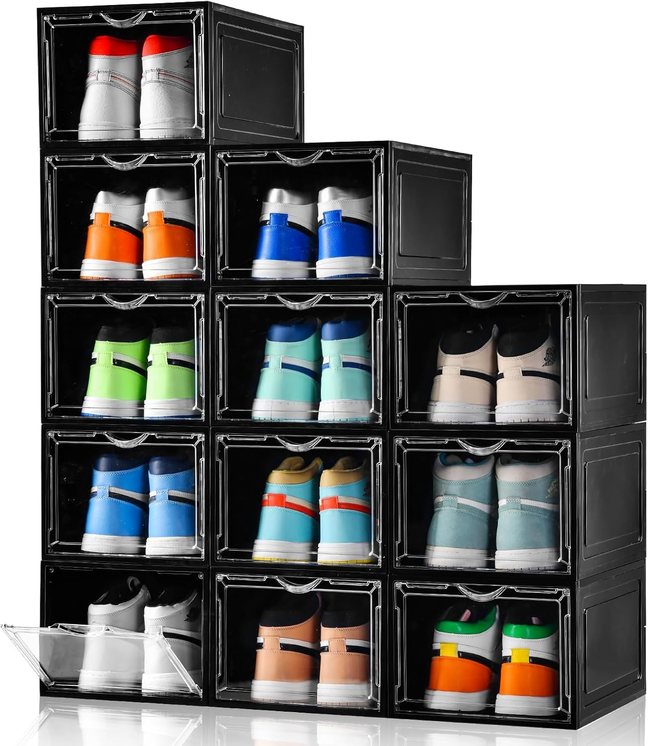 Upgraded Clear Stackable Shoe Storage Boxes - 12 Pack X-Large Drop Front Design