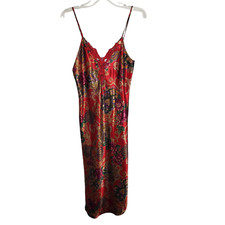 Vintage California Dynasty Long Slip Night Gown S Red Floral Paisley USA Made