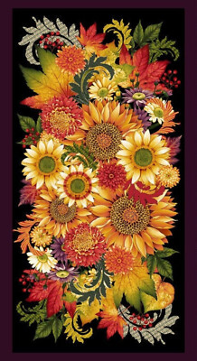 Sunflower Fabric Autumn Flourish Floral Leaves Berries Cotton StudioE 24'' Panel