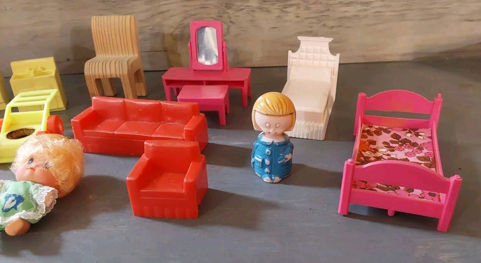 Vintage Plastic Wood Doll House Furniture Assorted Pieces With Baby