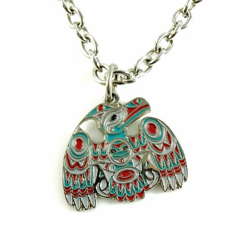 Mens Tie Chain Raven Northwest Tribal Art Bird Joe Wilson Enamel Pendant - Picture 2 of 4