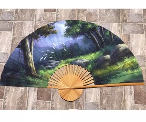 Vintage Large Hand Painted Fan With Forest Scene 34 Hanging Wall