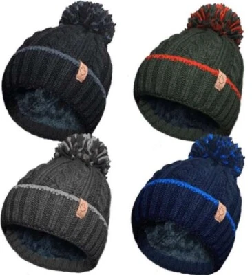 ROCK JOCK Mens Adults Winter Bobble Beanie Hat Thick Insulated Fleece Thermal Lining NEW