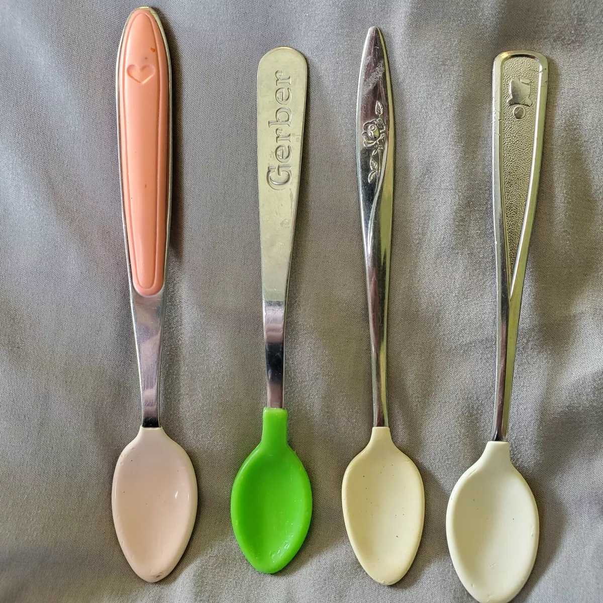 Lot of 6 Gerber Vintage Infant Baby Spoons Green White Pink Blue Soft Tips  Bite