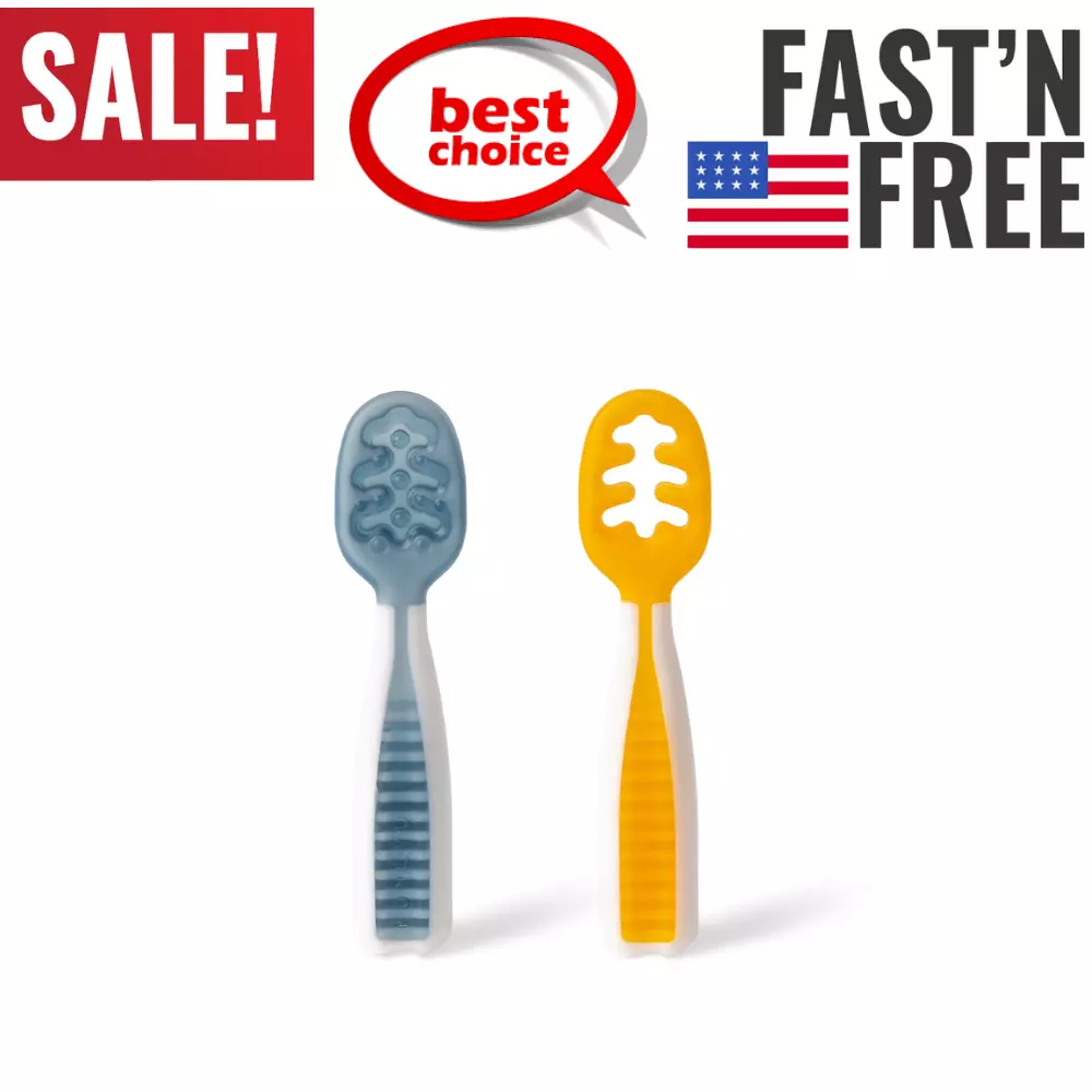 NumNum Pre-Spoon GOOtensils, Baby Spoon Set (Stage 1 + Stage 2), BPA Free  Silicone Self Feeding Toddler Utensils