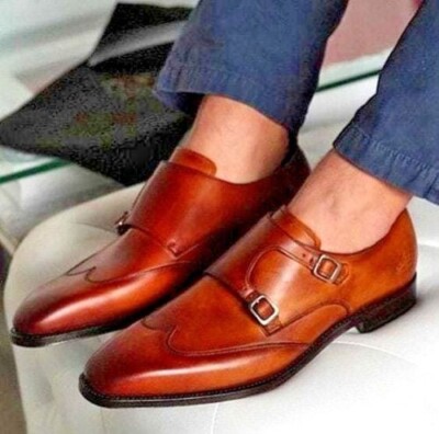 HANDMADE MEN TAN DOUBLE MONT STRAP,MEN DRESS,FORMAL MEN'S WEAR 7-8-9-10-11-12-13