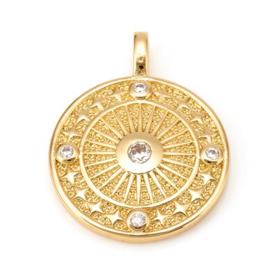 5Pcs Golden Brass Micro Pave Cubic Zirconia Sun Star Pattern Pendants 26x20.5mm