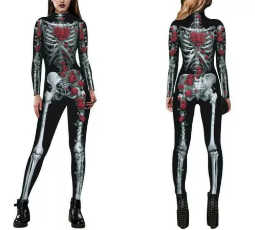 Halloween Damen Skelett Knochenrahmen Overall Body Fancy Dead Cosplay Kostüm - Bild 5 von 13