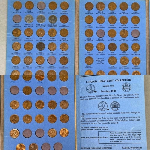 Whitman Lincoln Head Cent Book Number 2 1941-1965 Incomplete, Steel, Circulated