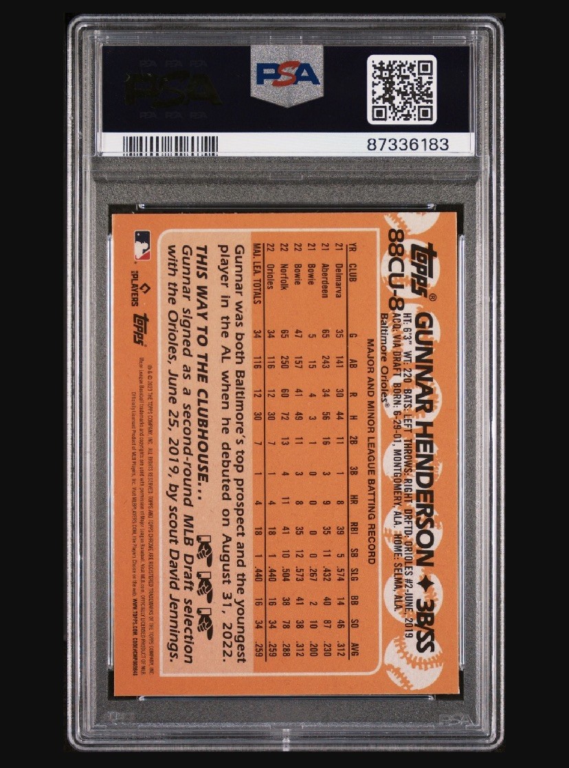 2023 Topps Chrome Update Gunnar Henderson 1988 RC Rookie #88CU-8 PSA 10 GEM MINT view 2