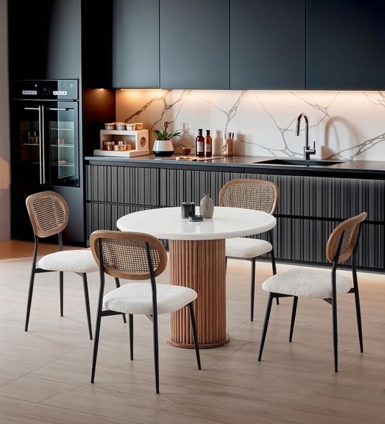 Esszimmer-Set Esstisch 4X Stuhl Rund Weiß Holz Komfortabel Modern-image