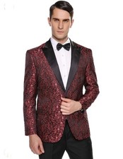 COOFANDY Mens Red Black Floral Paisley Polyester Blend Tuxedo Jacket Sz L 44-46