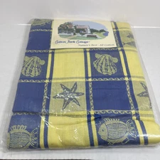 Cotton Park Cottage Tablecloth "BY THE SEA" Blue & Yellow 70" ROUND NIP