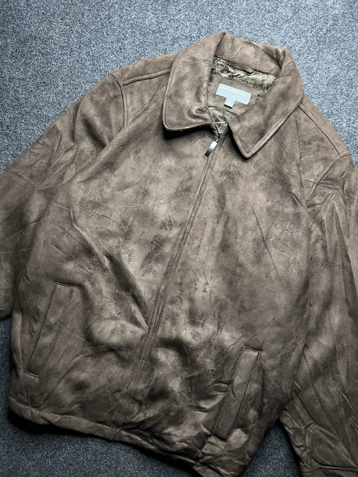 Premium Perry Ellis Portfolio Brown Faux Suede Fur Lined Jacket Coat men size XL - Image 2 of 4