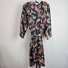 Victoria Secret Vintage Gold Label Robe Satin Floral Paisley Print Black Belted