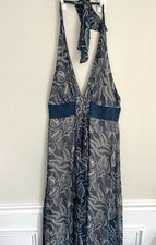 BCBG Maxazria Silk Chiffon Halter Maxi Dress Sequin Tropical Leaf Print sz 4 Sm