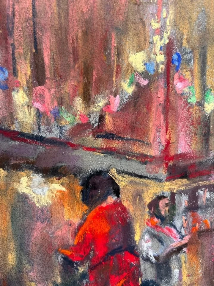 Pintura pastel hecha a mano, fiesta de Navidad 9x12 arte de pared sin marco, firmado Foto 3 de 4