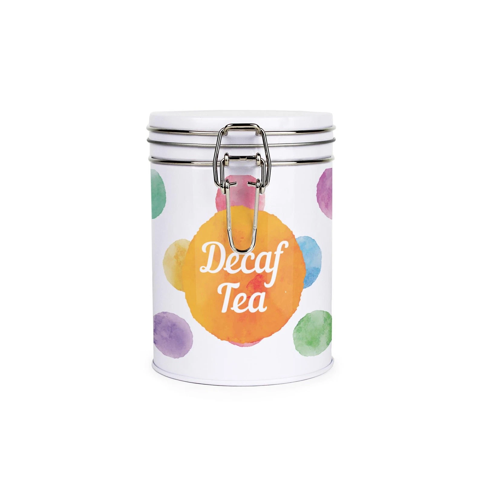 Polka Dot Decaf Tea Canister - Multicoloured Metal Clip-Lid Kitchen Storage Gift