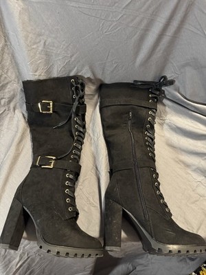 ShoeDazzle Elira Black Lace-Up High Heeled Boots Lug Sole Women s 8
