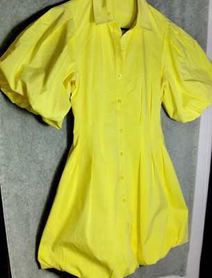 Jonathan Simkhai Cleo Dress Womens 2 Yellow Puff Sleeve Mini Pleated Bubble Hem