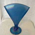 VTG Fenton Sapphire Blue Strech Carnival Glass Fan Vase Iridescent MMA 1993 USA