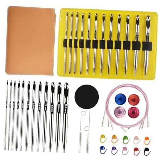 Tunisian Crochet Hooks Set 3-10mm Aluminum Interchangeable with Cable