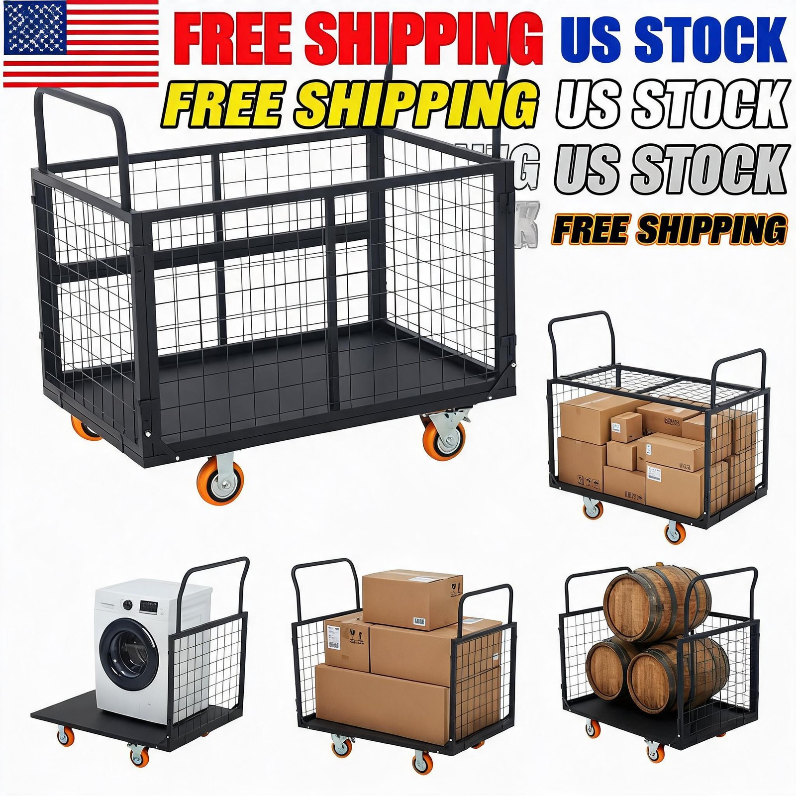 Utility Cart, 2200 Lb Heavy-Duty Platform Truck with Cage flatbe Folding 5-in-1