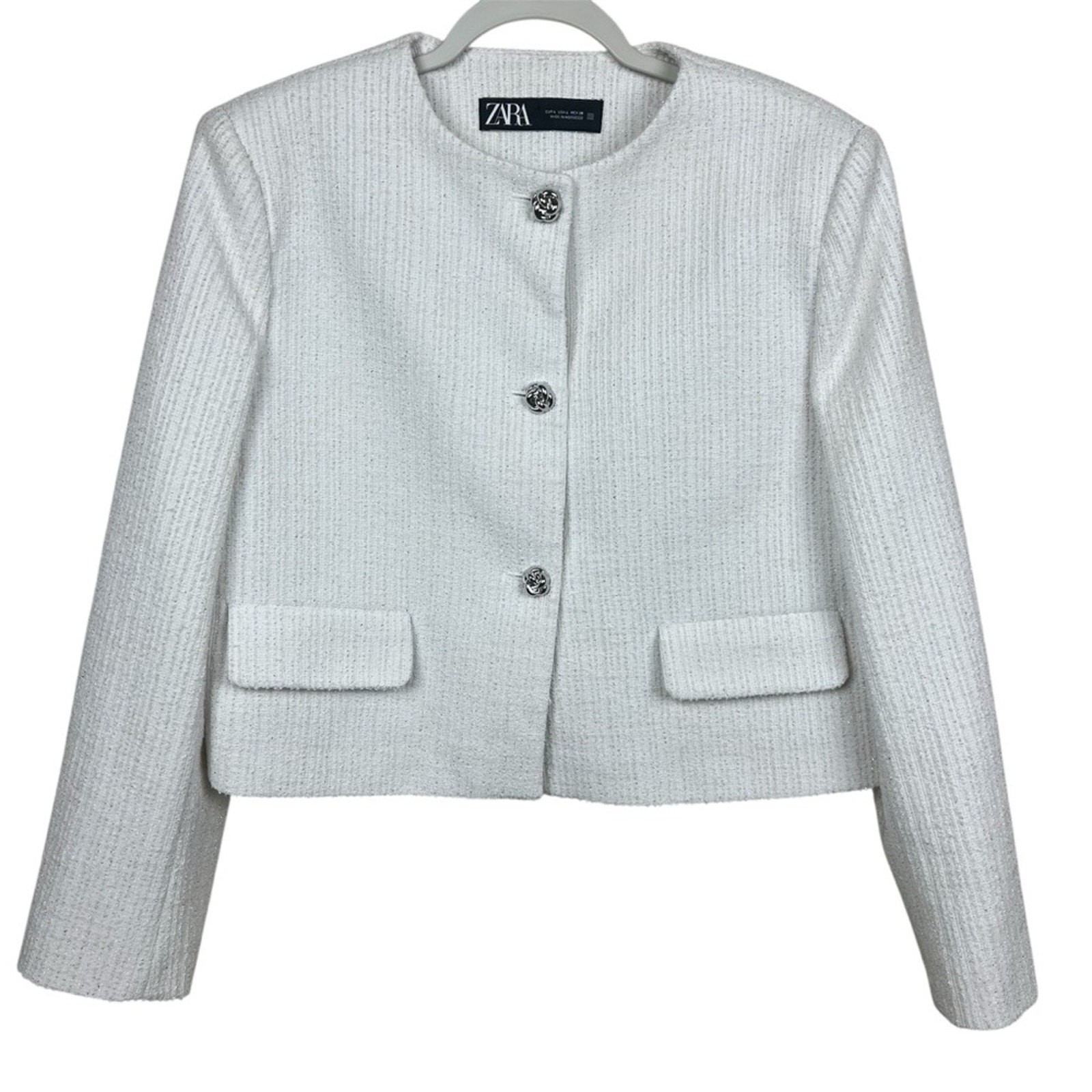 ZARA STRUCTURED METALLIC THREAD BLAZER L WHITE SI… - image 1