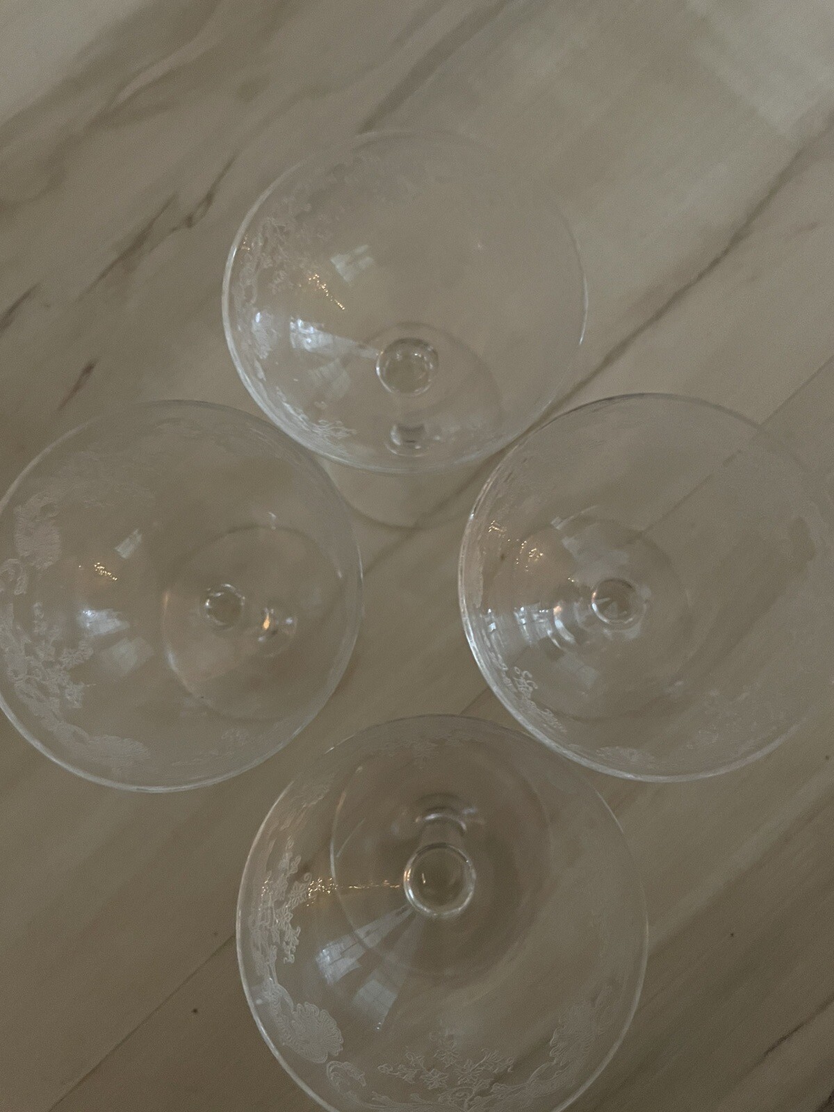 Vintage Crystal Etched cordial Sherry Glasses 4” floral midcentury Set