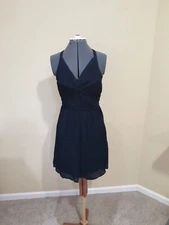 Doe & Rae Boho Chic Dress Crochet Trim Cutout Back Black Crepe Summer M NWT