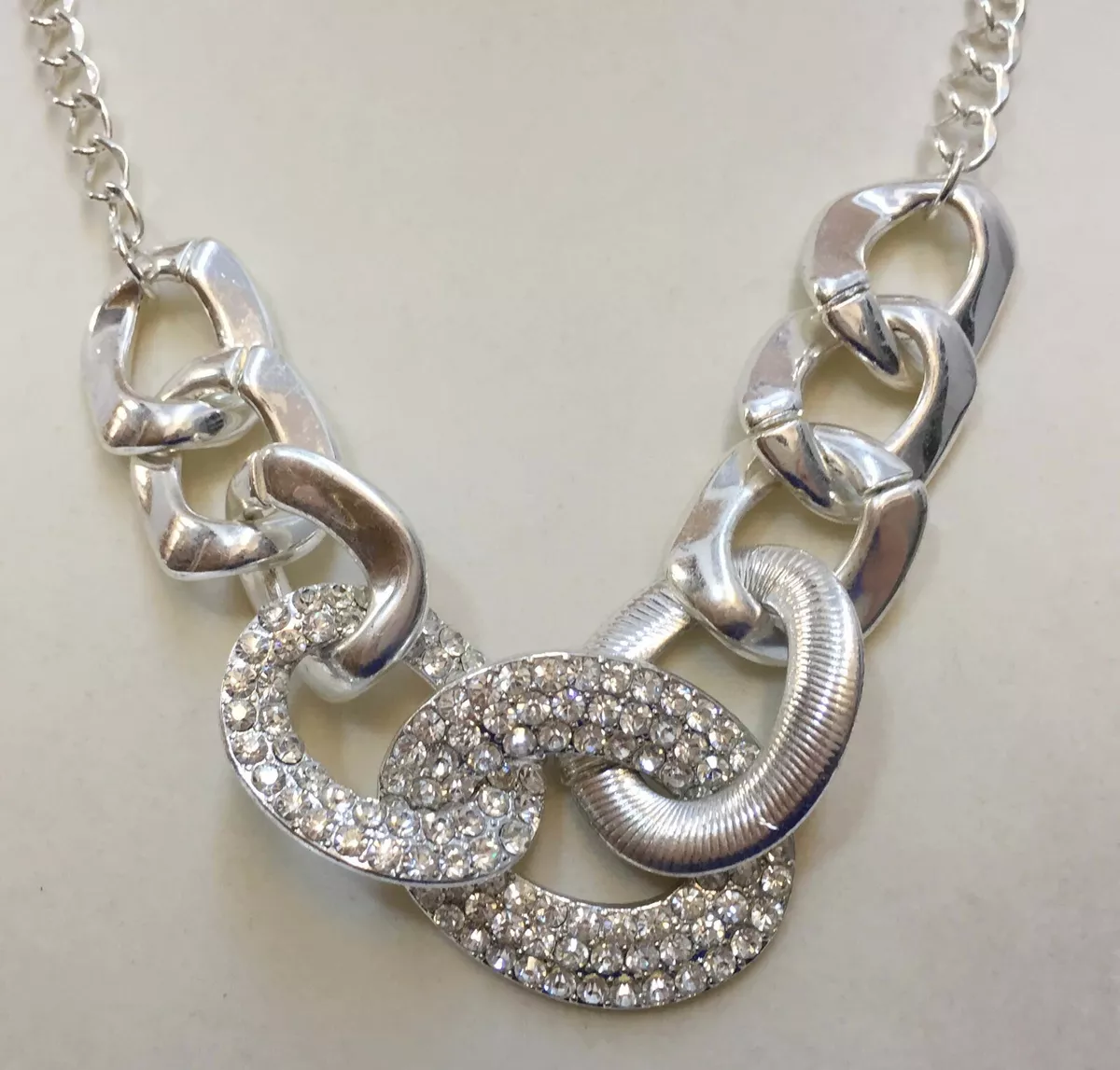 Necklace Rhinestone Chain Link Large Oval Pave Textured Silver