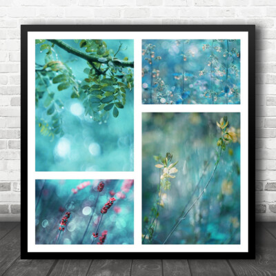 Makro Blätter Blumengitter 4 Bokeh blau quadratisch Wandkunstdruck