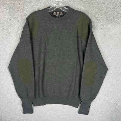 Barbour Sporting Sweater Mens L Green Loden Merino Wool Crewneck Elbow Patches