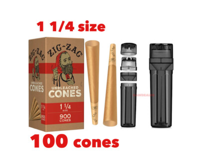 zig zag unbleached 1 1/4 size pre rolled cone+new design portable 3in1 grinder