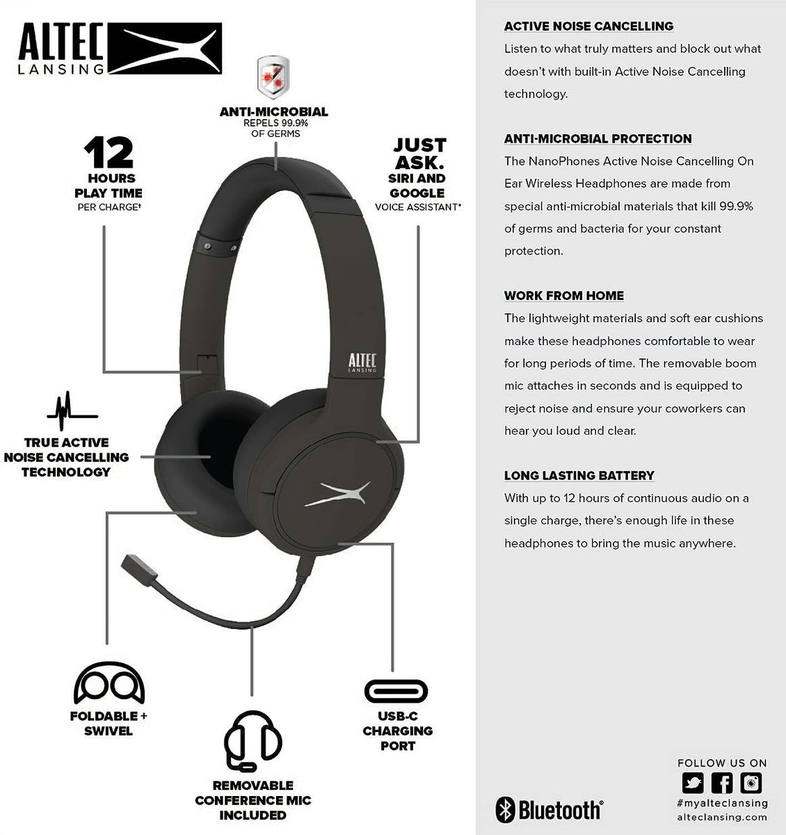 Altec Lansing Nanophones ANC Bluetooth Wireless Active Noise Cancelling