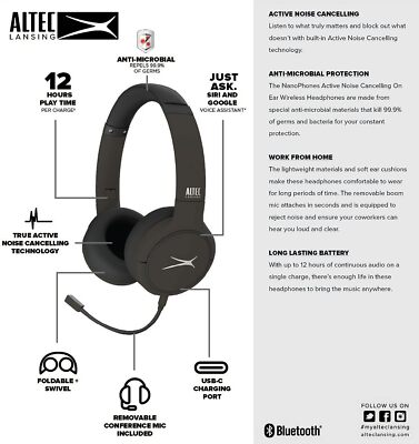 Altec Lansing Nanophones ANC Bluetooth Wireless Active Noise