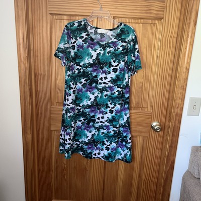 Magi Magic Ladies T Shirt Dress Tunic green and purple with butterflies Sz Large